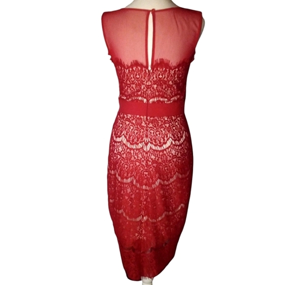 Jax Red Nude Short Sleeve Illusion Eyelash Lace Fitted Sheath Dress Size 2 - Picture 7 of 11